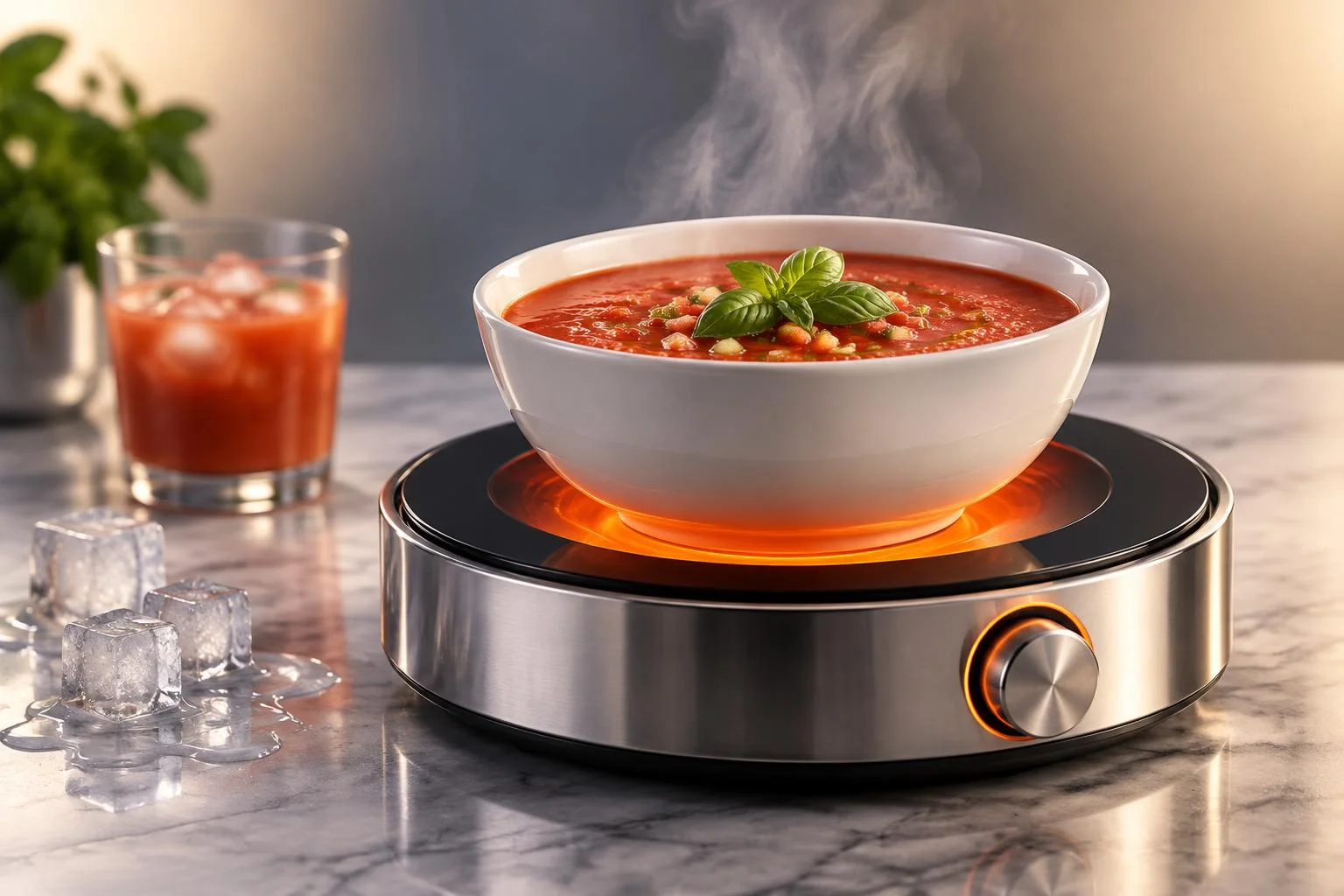 Um fogareiro elétrico de cromo, com a placa acesa em laranja e um botão só, aquecendo uma tigela branca de gazpacho que solta vapor, com folhas de manjericão. Ao lado, num balcão de mármore, um copo de gazpacho com gelo, esquecido, e pedras de gelo derretendo.