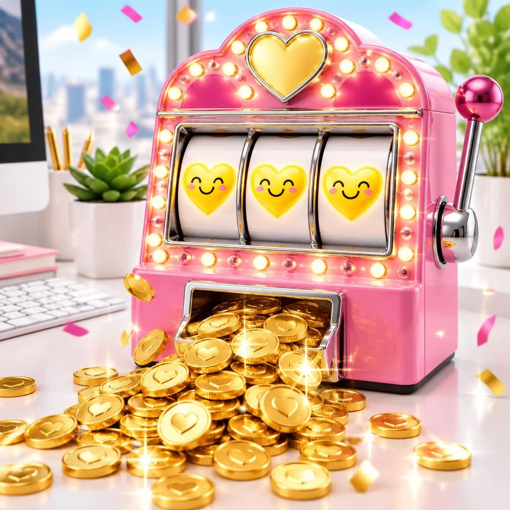 Uma máquina caça-níquel de mesa, rosa e cromada, cheia de lâmpadas acesas, numa mesa de escritório ao lado de um teclado e de uma suculenta. Os três rolos mostram o mesmo coração amarelo sorridente, e uma cascata de moedas douradas sai da bandeja.