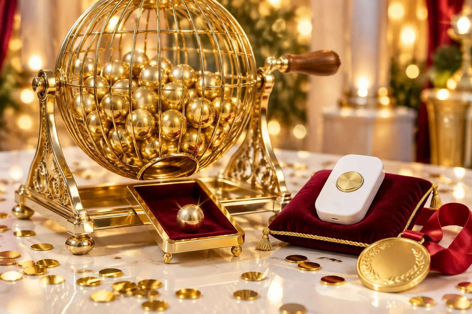 Um globo de bingo de latão dourado, cheio de bolas douradas todas iguais e sem número; uma delas acabou de cair na bandeja de veludo vinho. Ao lado, um controle remoto branco com um único botão dourado, sobre uma almofada de veludo, e uma medalha de ouro com fita vermelha.