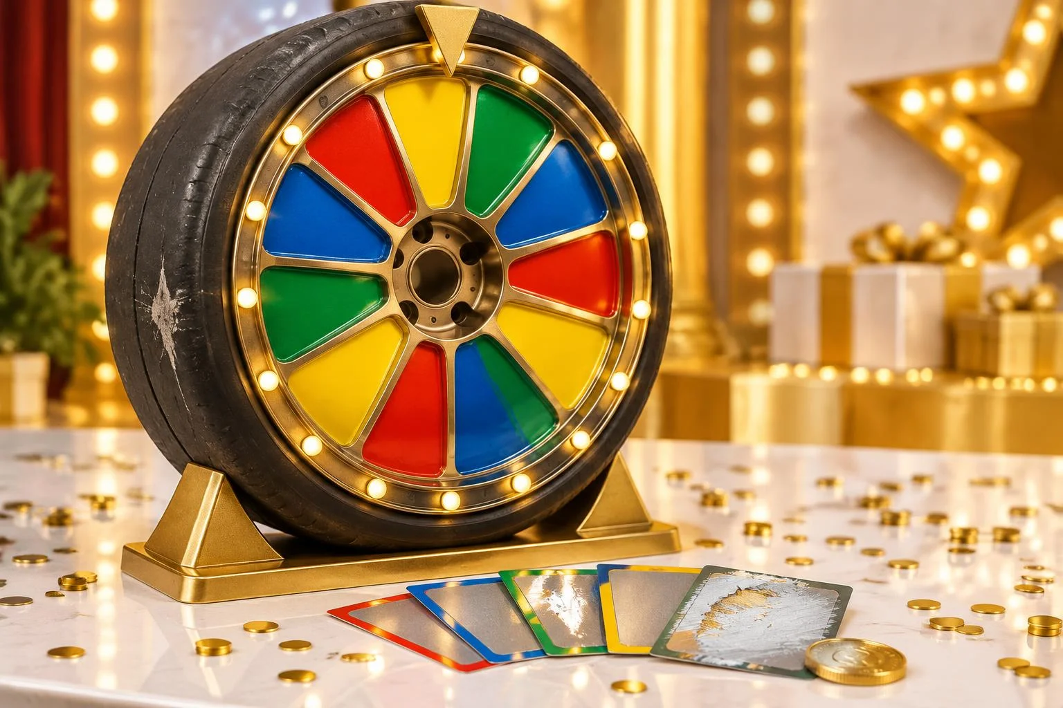 Uma roda de corrida de aro marrom-metalizado e dourado, com o pneu ralado de asfalto, montada em pé num suporte dourado como roleta de programa de auditório: fatias vermelhas, amarelas, verdes e azuis no aro, lâmpadas em volta e um ponteiro dourado no alto. No centro, o furo onde devia estar a porca, vazio. Na frente, um leque de bilhetes de raspadinha, um deles meio raspado, e uma moeda de ouro.