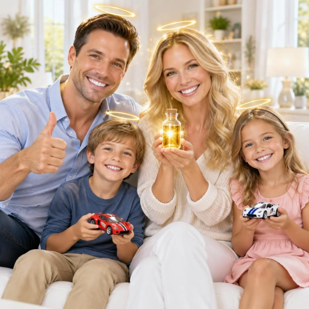 Uma família sorridente num sofá branco: o pai faz joinha, a mãe exibe um frasco de líquido dourado e os dois filhos seguram carrinhos de corrida de brinquedo. Uma auréola dourada flutua sobre a cabeça de cada um.