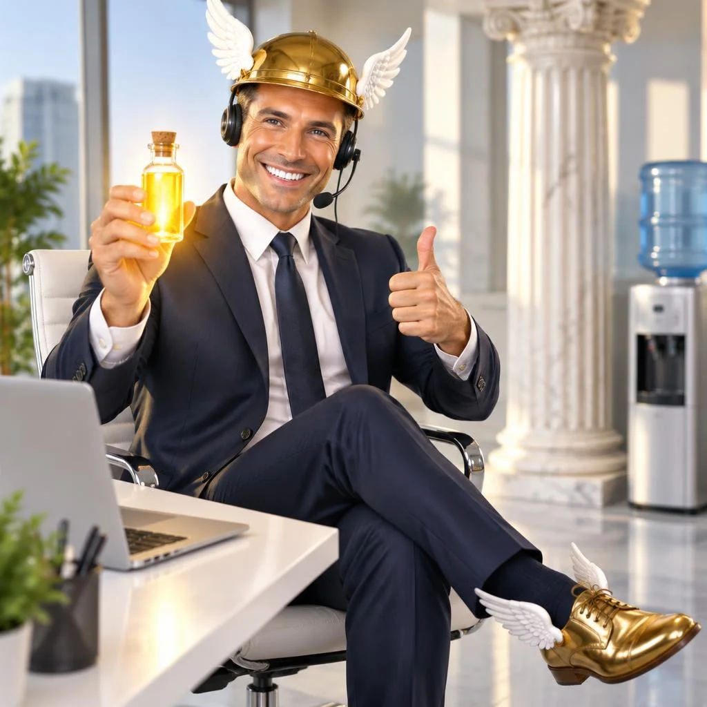 Um vendedor sorridente de terno azul-marinho e headset de telemarketing, com capacete dourado de asinhas brancas e sapatos dourados alados, faz joinha e ergue um frasco de líquido dourado num escritório com uma coluna grega ao lado do bebedouro.