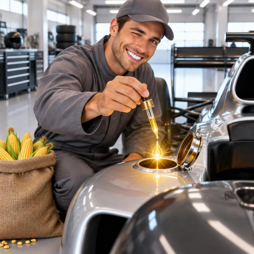 Um mecânico sorridente de macacão cinza e boné pisca para a câmera enquanto pinga, com um conta-gotas, uma gota dourada e brilhante no bocal do tanque de um carro de corrida prateado, ao lado de um saco de estopa cheio de espigas de milho.