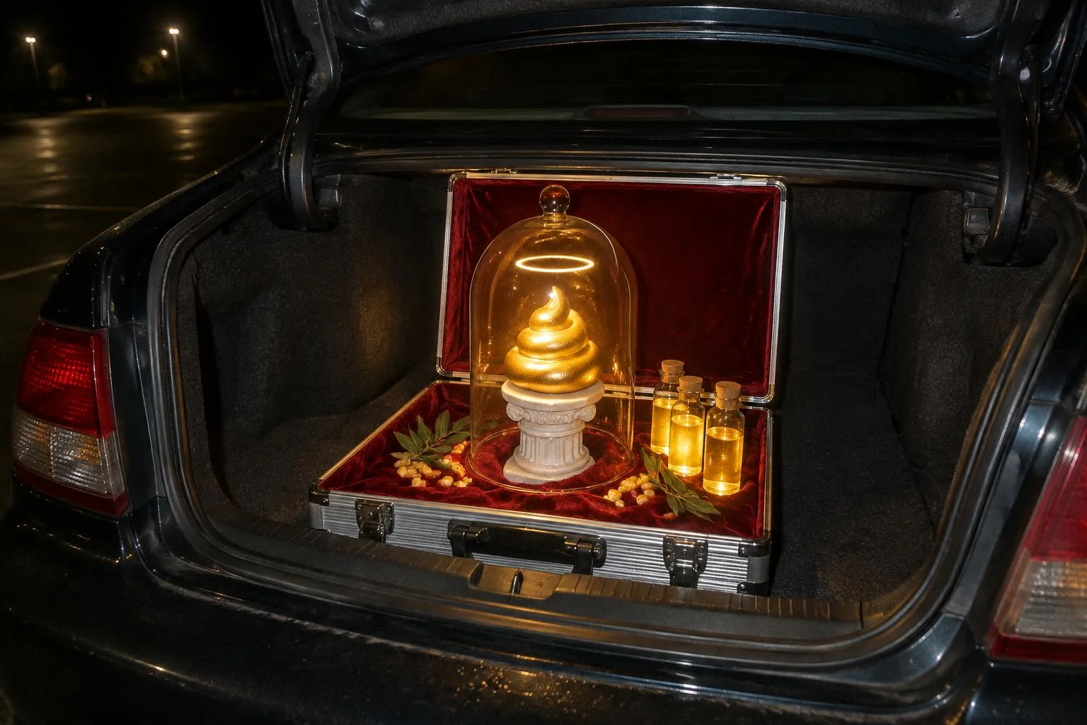 Foto de flash, à noite, no porta-malas aberto de um carro velho: numa maleta de alumínio forrada de veludo vermelho, debaixo de uma redoma de vidro e sobre um toco de coluna grega de mármore, um cocô enrolado de ouro líquido que brilha sozinho, com uma auréola flutuando em cima. Ao lado, três frascos antigos com o mesmo líquido dourado, folhas de louro e grãos de milho.
