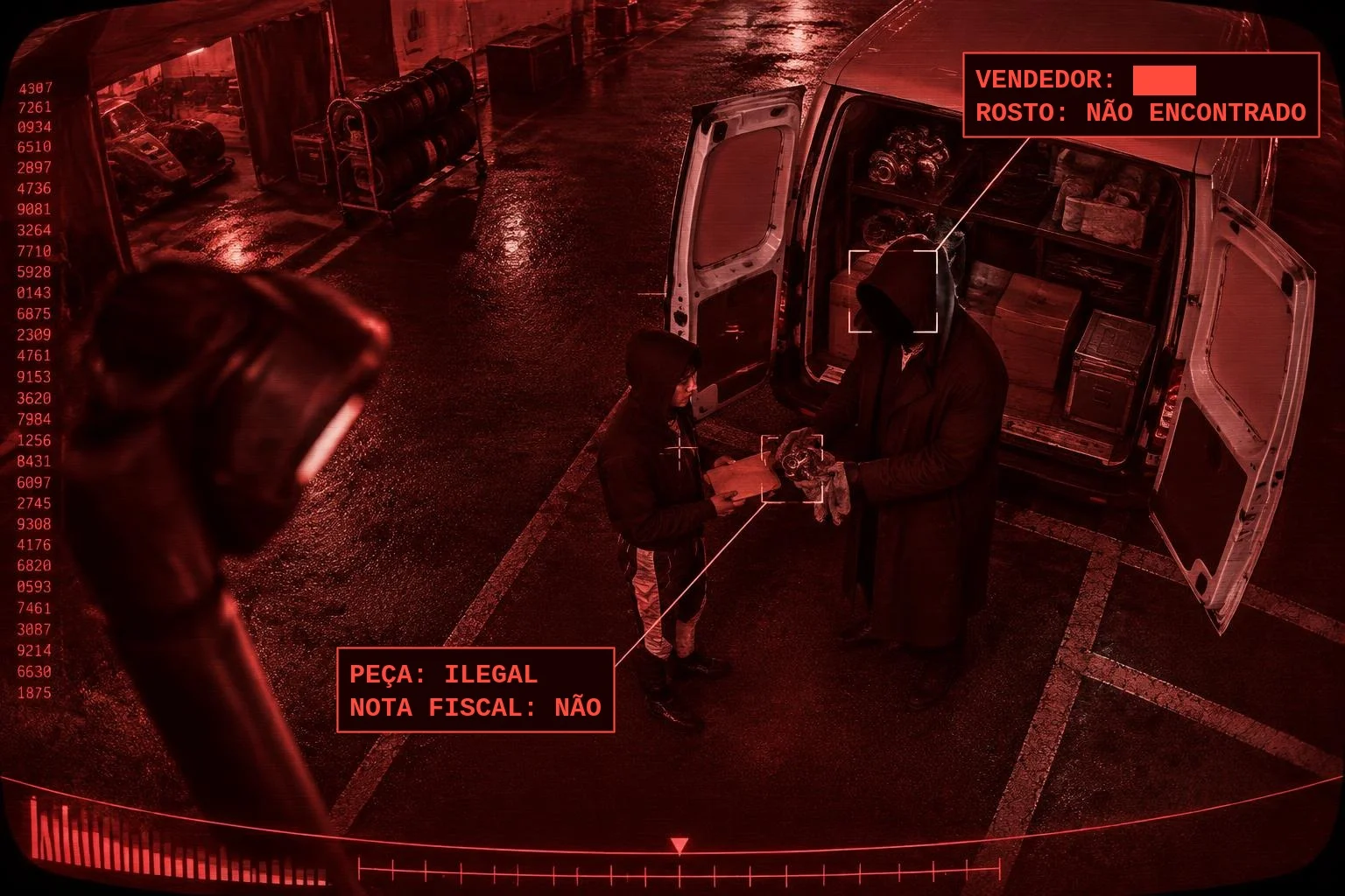 Em visão vermelha de máquina, de cima de um poste, num estacionamento molhado atrás do paddock, de madrugada: o piloto, de capuz sobre o macacão, segura um envelope pardo diante de um vulto de capuz e sobretudo, de rosto escondido na sombra, que lhe passa uma peça de metal enrolada num pano. Atrás, uma van branca de portas abertas, cheia de peças. Os rótulos dizem: VENDEDOR: tarjado, ROSTO: NÃO ENCONTRADO; PEÇA: ILEGAL, NOTA FISCAL: NÃO.
