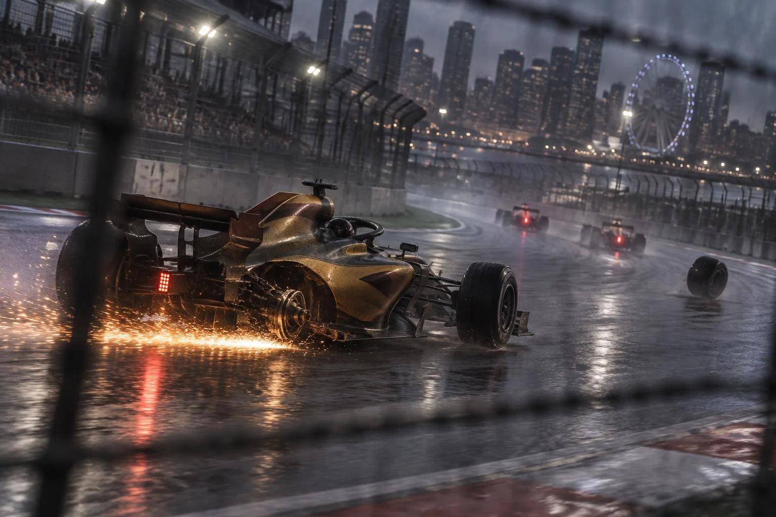 Foto esportiva tirada atrás do alambrado da arquibancada, ao entardecer e sob chuva fina: um carro de corrida de pintura marrom-metalizada e dourada anda com só três rodas: onde devia estar a roda traseira, só o cubo de metal nu, que arrasta no asfalto molhado e solta um rastro de faíscas laranja. Mais adiante, a roda que faltava segue quicando sozinha pela pista. Dois carros ao fundo.