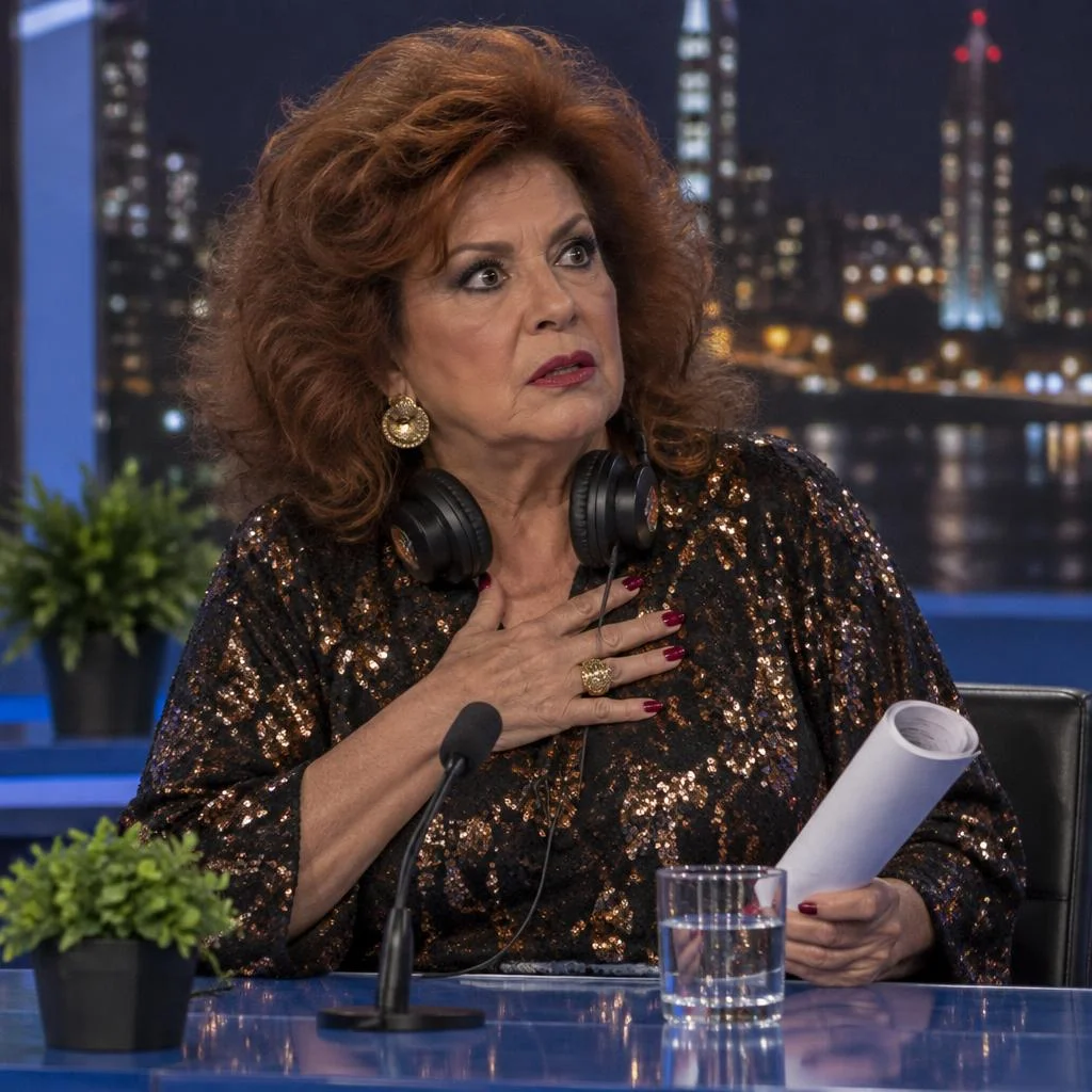 Dona Socorro Valadares, de cabelo armado, brincos grandes e fone de dublagem no pescoço, com a mão no peito, em choque teatral.
