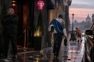Na porta de uma boate com um neon de lábios pedindo silêncio, um homem de boné azul e jaqueta de equipe vai embora de costas, ao amanhecer, com um sapato na mão.