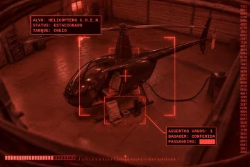 Em visão vermelha de máquina, um helicóptero estacionado num hangar, de porta aberta e assento vazio; no chão, um saco de cimento, fita adesiva e botas de borracha.
