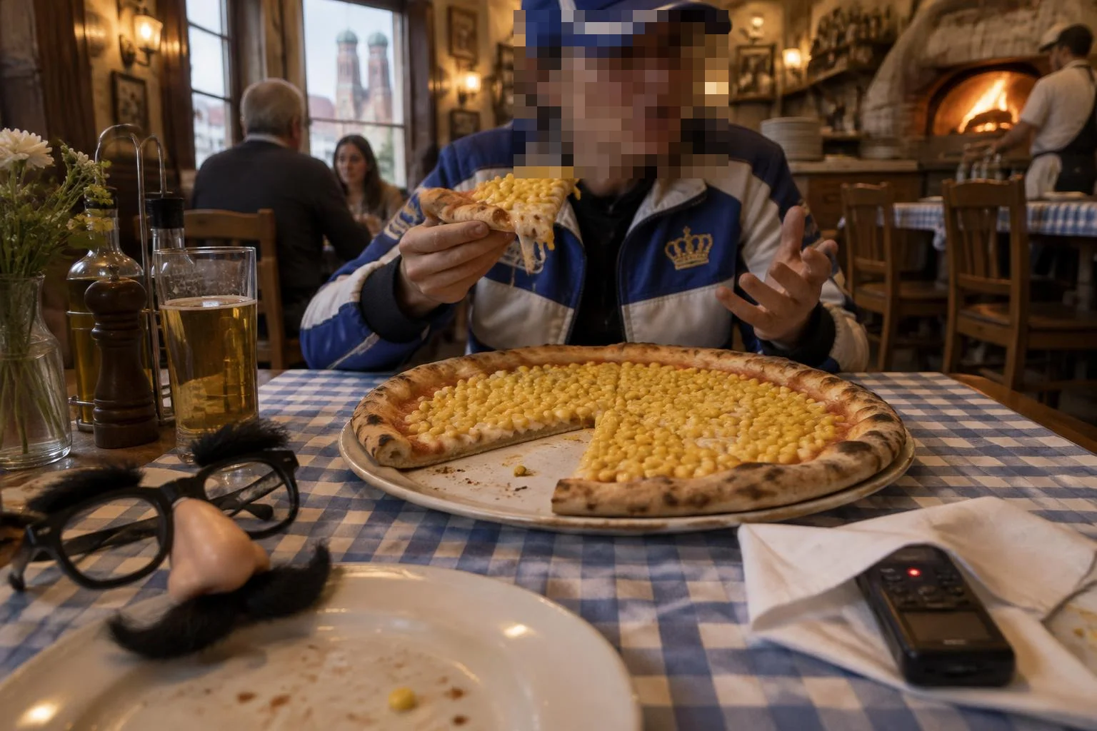 Foto de câmera escondida numa pizzaria de Munich, com a Frauenkirche pela janela. Do outro lado da mesa, uma pessoa de jaqueta azul e branca com uma coroa dourada no peito e boné azul, com o rosto pixelado, fala com uma fatia de pizza de milho na mão. Em primeiro plano, um óculos de nariz e bigode falsos e um gravador ligado debaixo do guardanapo.