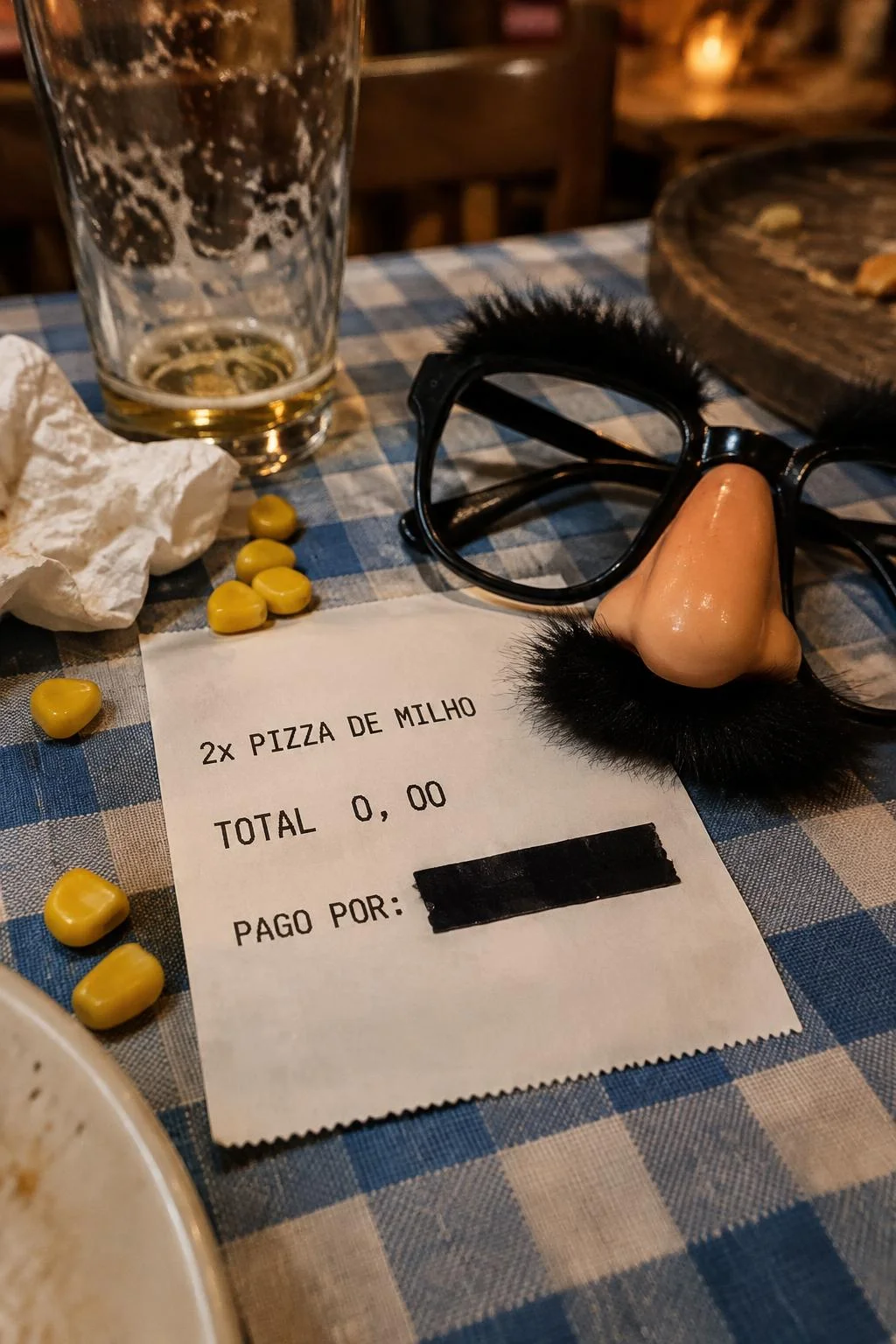 Uma nota de restaurante na toalha xadrez com os dizeres 2x PIZZA DE MILHO, TOTAL 0,00 e PAGO POR, com fita isolante preta em cima do nome. Por cima, um óculos de nariz e bigode falsos, e grãos de milho em volta.