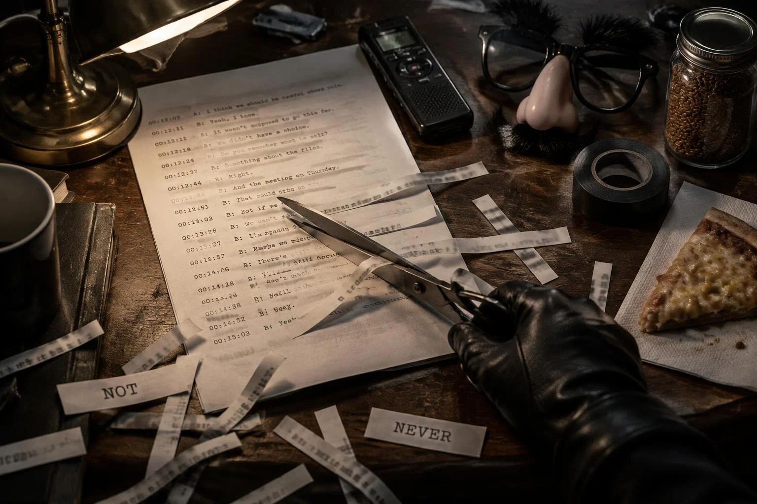 Vista de cima de uma escrivaninha à noite: uma mão de luva preta corta com uma tesoura a transcrição de uma conversa. Tirinhas de papel se espalham pela mesa, e duas dizem NOT e NEVER. Ao lado, um gravador, fita isolante, um óculos de nariz e bigode falsos, um pote de linhaça e uma fatia fria de pizza.