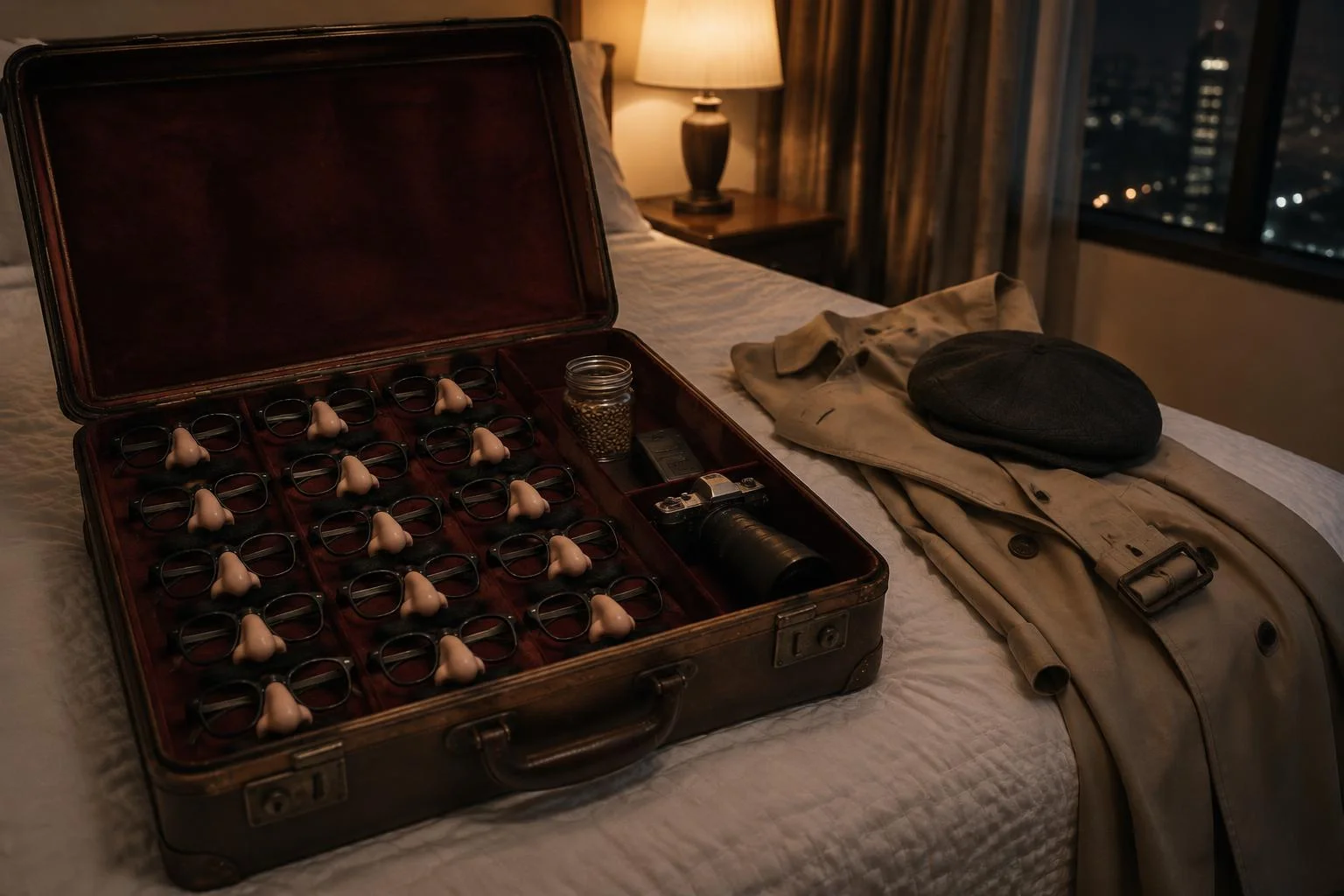 Uma maleta de couro antiga aberta sobre a cama de um hotel, com quinze óculos de nariz e bigode falsos, todos idênticos, arrumados em fileiras sobre veludo vermelho, ao lado de um pote de linhaça, um gravador e uma câmera. Na cama, um sobretudo bege e uma boina escura.