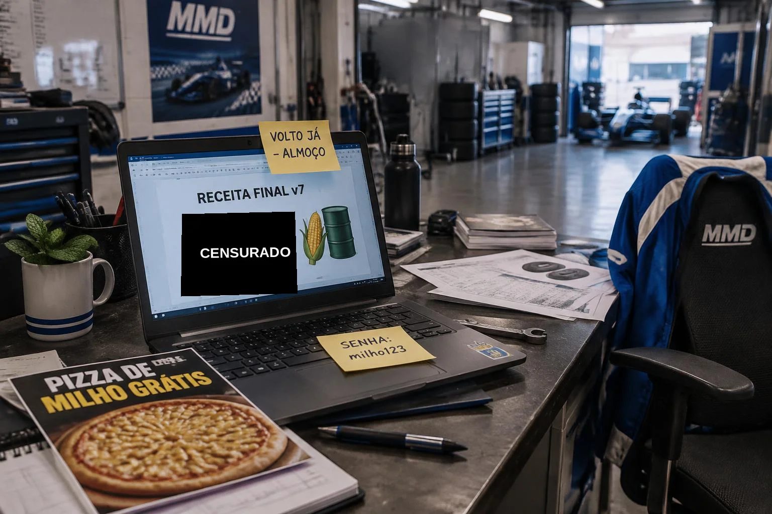 Um notebook aberto e desbloqueado numa bancada de box vazio, com um documento chamado RECEITA FINAL v7 na tela, o texto coberto por uma tarja CENSURADO, e o desenho de uma espiga e um tambor verde. Um post-it diz VOLTO JÁ - ALMOÇO e outro, no teclado, SENHA: milho123. Ao lado, o panfleto PIZZA DE MILHO GRÁTIS e uma caneca com hortelã.