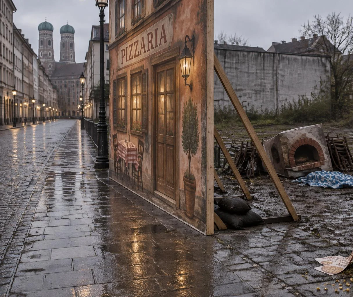 Uma rua de Munich numa manhã de chuva, com a Frauenkirche ao fundo. A pizzaria, vista de lado, é só um painel de madeirite pintado com a placa PIZZARIA, sustentado por escoras de madeira e sacos de areia. Atrás dele, um terreno baldio com um forno de papelão tombado, cadeiras empilhadas e a toalha xadrez azul e branca no barro.