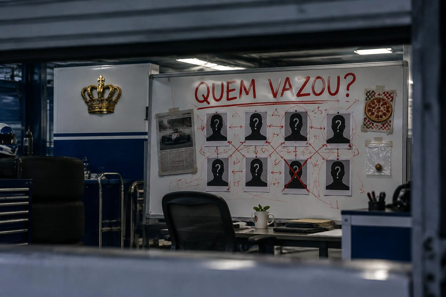 Pela fresta da porta de uma garagem azul e branca com uma coroa dourada na parede: um quadro branco com QUEM VAZOU? em vermelho, oito silhuetas anônimas com pontos de interrogação ligadas por linhas vermelhas, uma delas riscada com um X, um jornal colado, um panfleto de pizza e um saquinho de prova com um grão de linhaça.