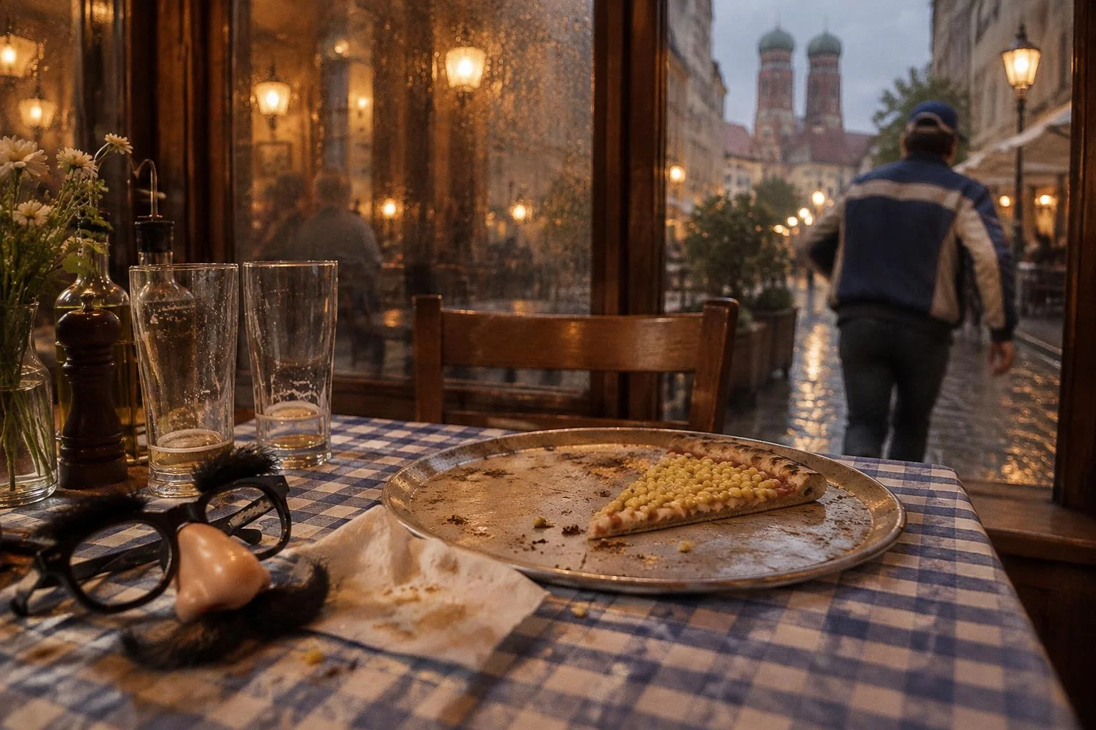Vista de dentro da pizzaria, pela vidraça molhada: lá fora, uma pessoa de jaqueta azul e branca e boné vai embora apressada, de costas, com a Frauenkirche ao fundo. Na mesa abandonada sobram uma fatia de pizza de milho, dois copos vazios e um óculos de nariz e bigode falsos.