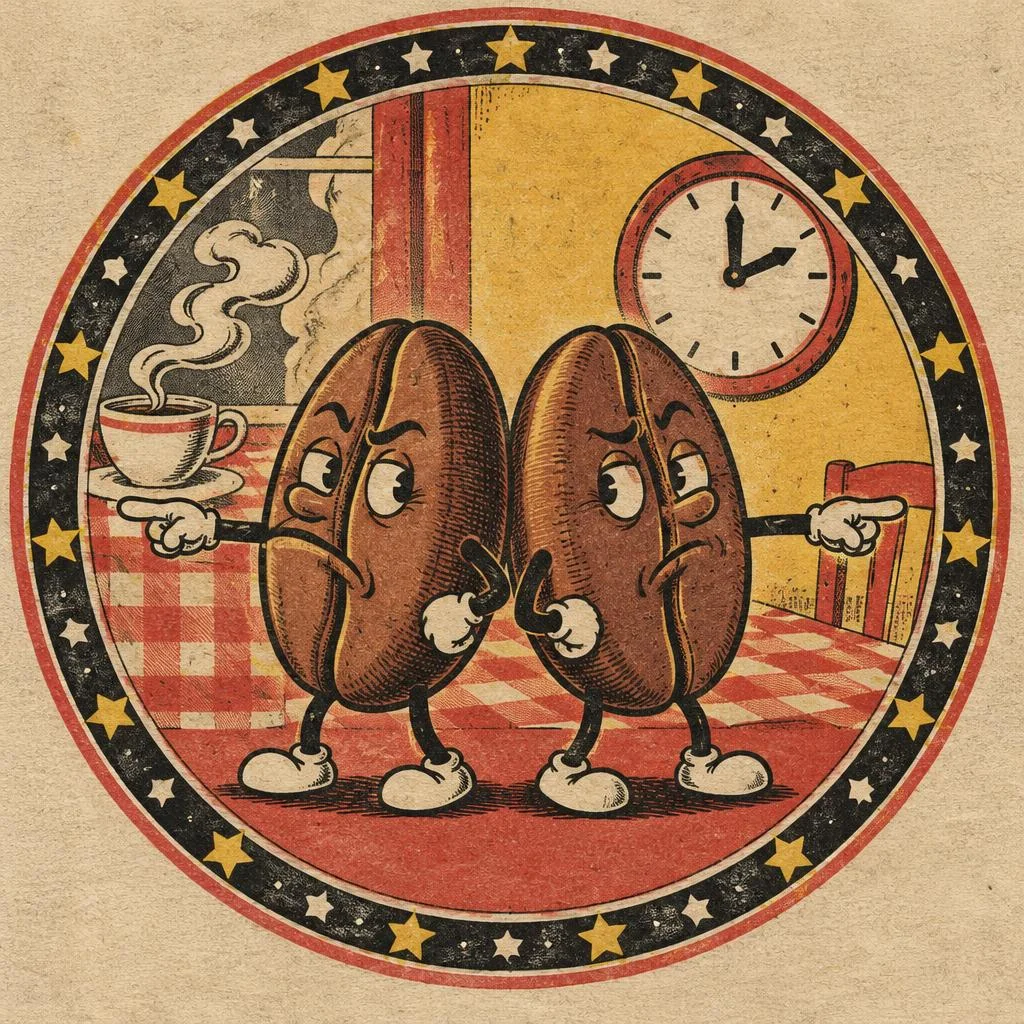 As duas metades de um grão de café, de costas uma para a outra, apontam cada uma para um lado. Na parede, o relógio marca duas horas.