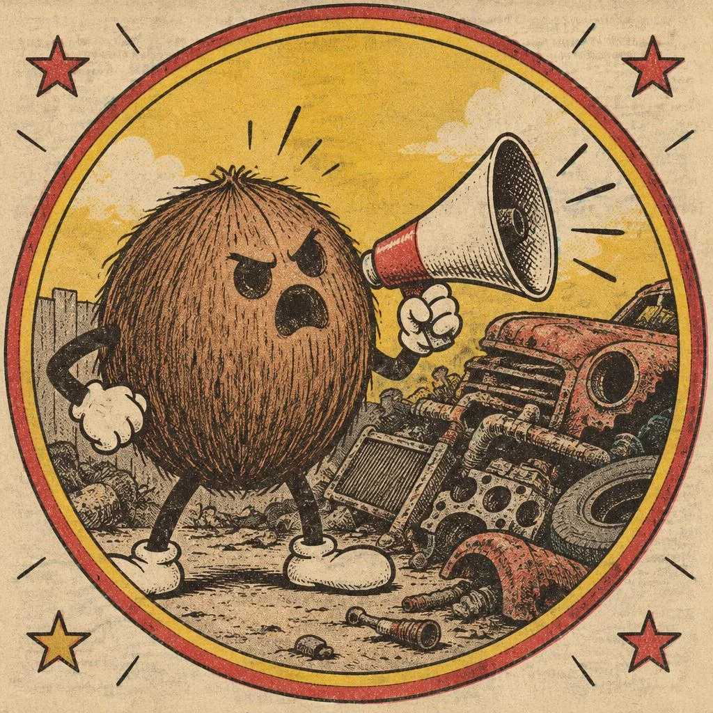 Um coco peludo e furioso grita num megafone diante de um ferro-velho de peças enferrujadas.