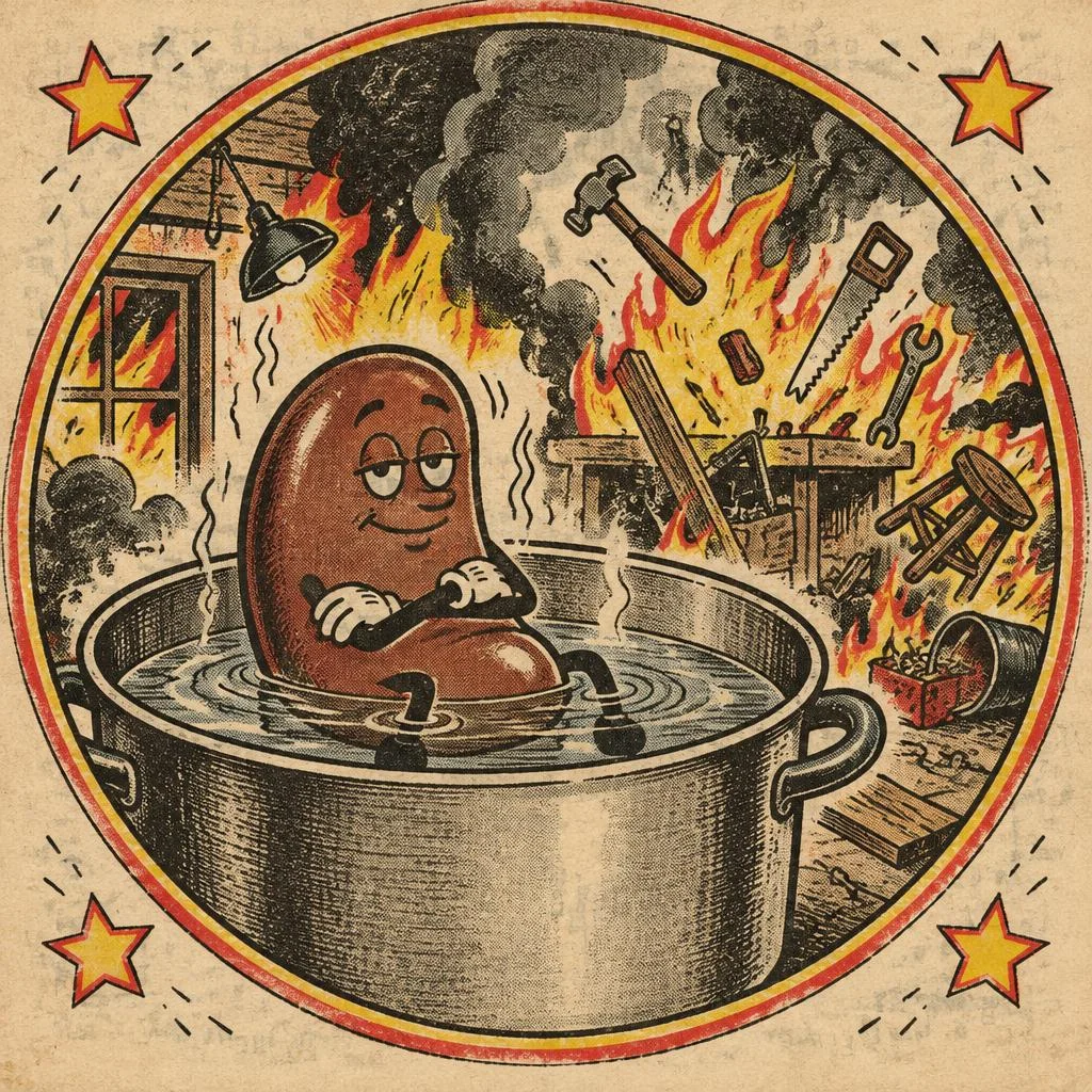 Um feijão de braços cruzados, de molho numa panela, sorri tranquilo enquanto a oficina atrás dele pega fogo e as ferramentas voam.