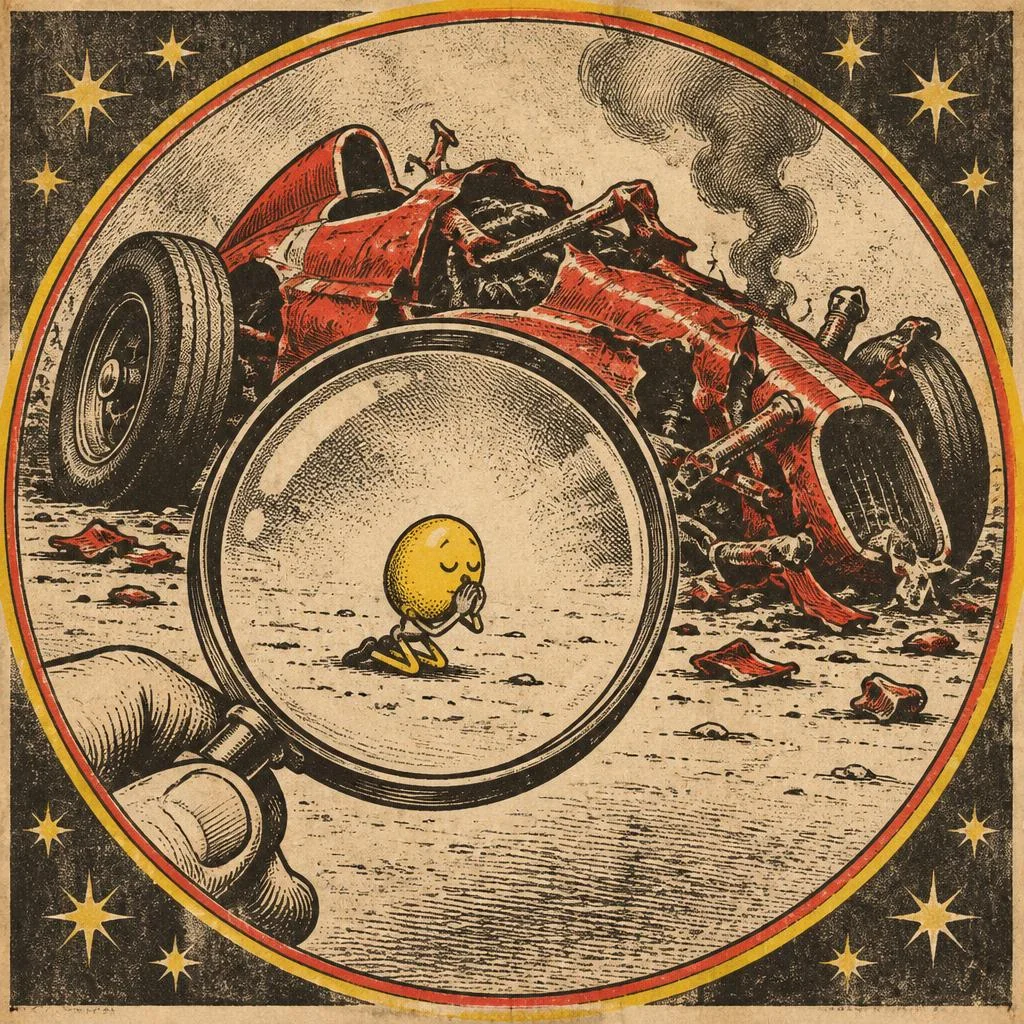 Uma lupa enorme mostra um grão de mostarda minúsculo, ajoelhado, rezando, ao lado de um carro de corrida destruído e fumegando.