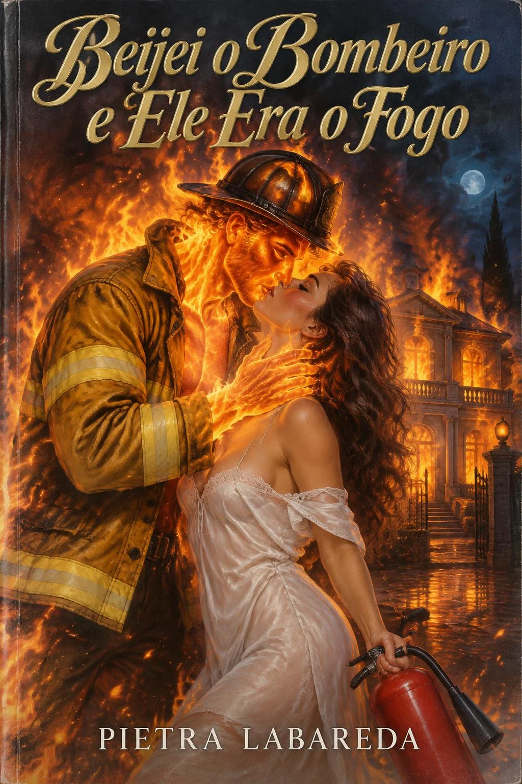 Capa de romance de banca: diante de uma mansão em chamas, um bombeiro feito de fogo vivo beija uma mulher de camisola branca, que ainda segura um extintor vermelho. Título em dourado: Beijei o Bombeiro e Ele Era o Fogo. Autora: Pietra Labareda.