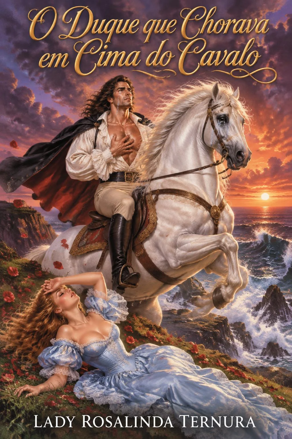 Capa de romance de banca: num penhasco ao pôr do sol, um duque de camisa de babados chora com a mão no peito, montado num cavalo branco empinado que também chora; aos pés do cavalo, uma dama de vestido azul desmaiada na grama. Título em dourado: O Duque que Chorava em Cima do Cavalo. Autora: Lady Rosalinda Ternura.