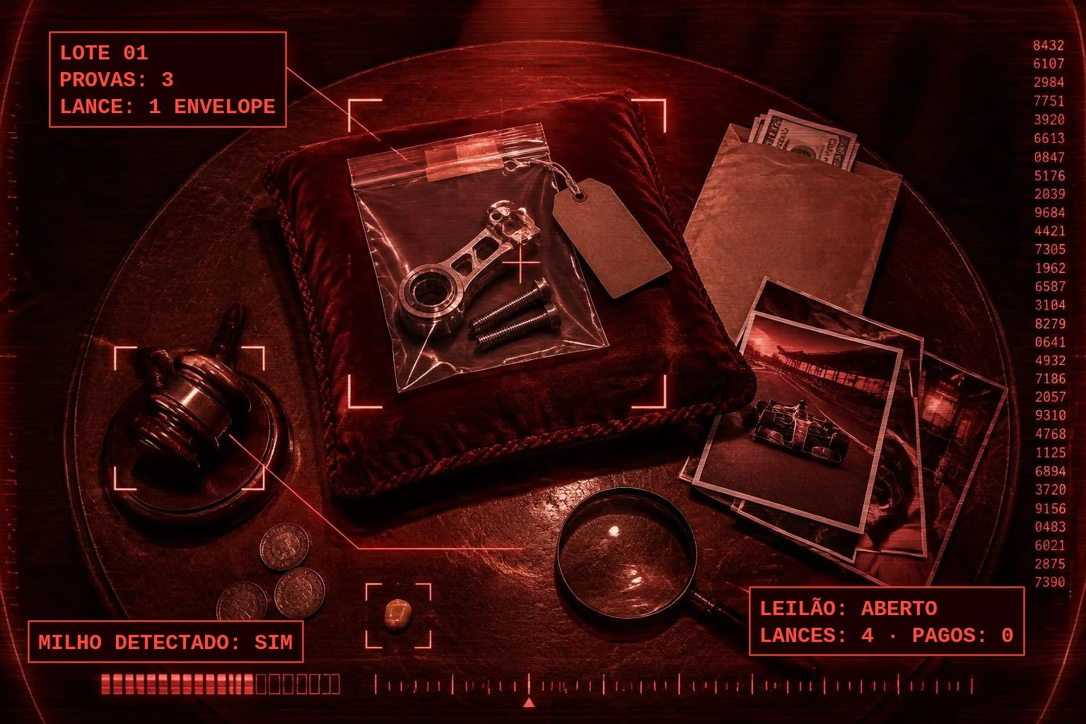 Em visão vermelha de máquina, numa mesa redonda sob um holofote: sobre uma almofada de veludo, um saco de evidência lacrado com uma peça de metal, dois parafusos e uma etiqueta amarrada. Ao lado, um envelope pardo com notas aparecendo e um leque de fotografias de um carro de corrida. Em volta, um martelo de leilão, moedas, uma lupa e um único grão de milho. Os rótulos dizem: LOTE 01, PROVAS: 3, LANCE: 1 ENVELOPE; LEILÃO: ABERTO, LANCES: 4 · PAGOS: 0; MILHO DETECTADO: SIM.