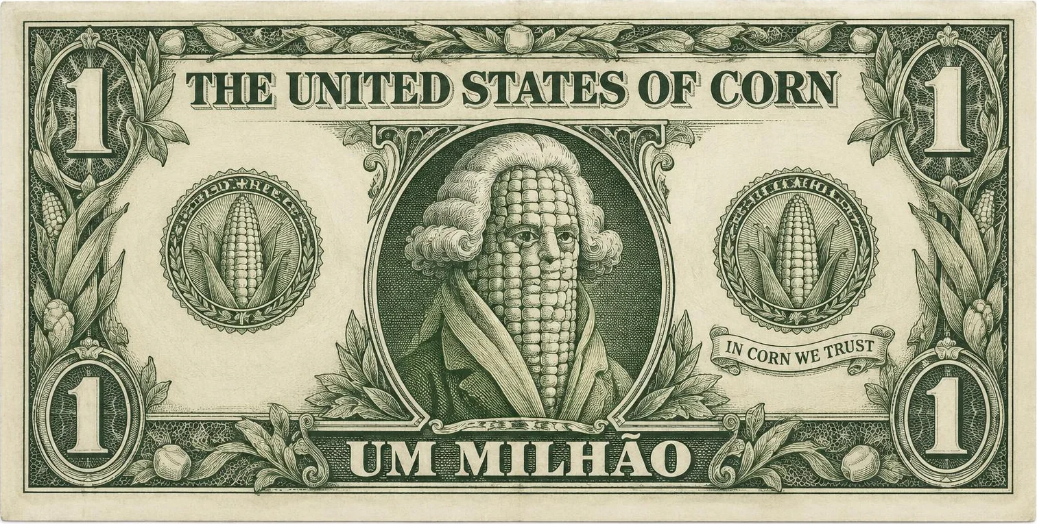 Uma nota verde no estilo da nota de um dólar: THE UNITED STATES OF CORN no topo, UM MILHÃO embaixo, um 1 em cada canto, IN CORN WE TRUST numa faixa e, no oval do centro, o retrato gravado de uma espiga de milho de peruca branca de época.