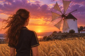 Ao pôr do sol, uma moça de cabelo castanho ao vento olha, de costas, um moinho de vento branco girando.