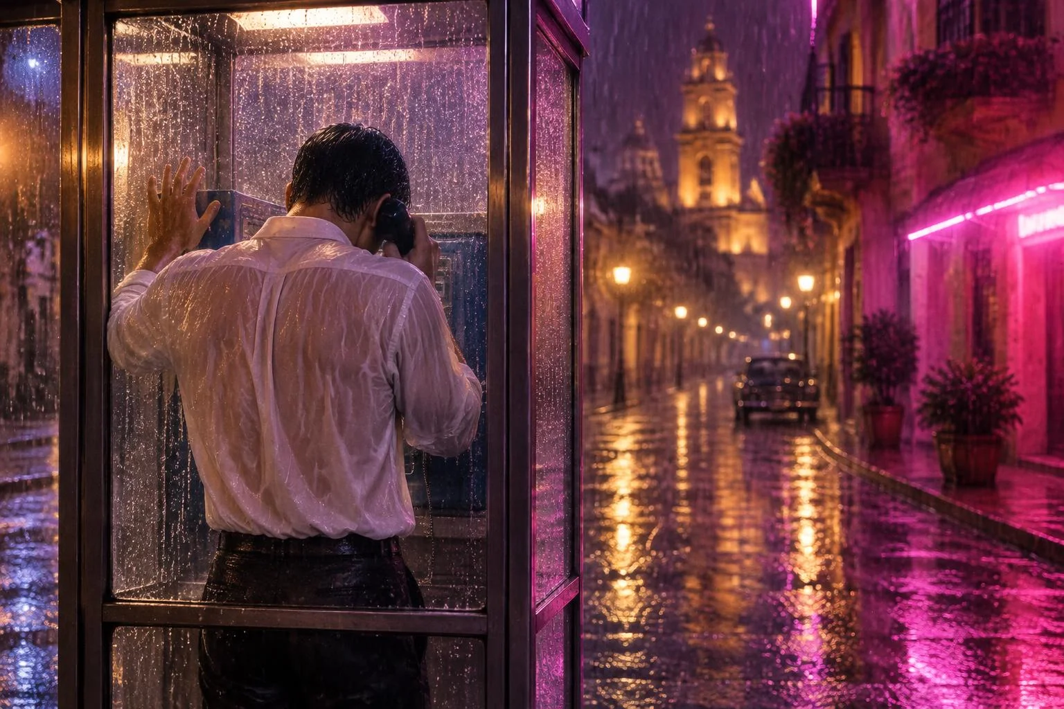 Still de telenovela, numa noite de chuva: um rapaz de camisa branca encharcada, visto só de costas, fala num orelhão de vidro, de cabeça baixa e com a mão espalmada no vidro. A rua de pedra brilha de poças sob um neon rosa.