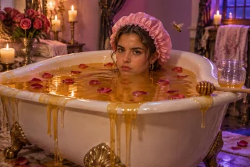 Uma moça de touca de banho cor-de-rosa, mergulhada até o pescoço numa banheira cheia de mel, com cara azeda.