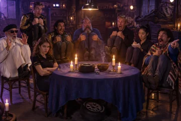 Uma sessão espírita à luz de velas: todos em volta da mesa erguem os pés do chão em pânico, menos uma moça de braços cruzados.