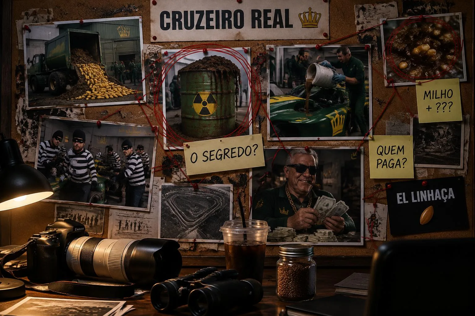 Quadro de cortiça numa sala escura, com fotos da Cruzeiro Real presas por alfinetes e ligadas por linha vermelha: o tambor radioativo circulado, o engenheiro abastecendo o carro, o caminhão de milho, o chefe contando dinheiro e a equipe de roupa de ladrão. Bilhetes dizem O SEGREDO?, MILHO + ??? e QUEM PAGA?. No canto, um cartão preto com a assinatura EL LINHAÇA e um grão de linhaça.