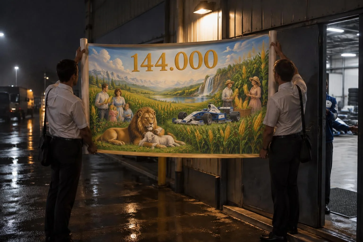 Dois homens de camisa branca abrem, diante da porta do galpão, um pergaminho enorme com a pintura de um paraíso: um milharal sem fim, um leão deitado ao lado de um cordeiro, famílias colhendo espigas, uma cachoeira e um carro de corrida azul e branco no meio do milho. No alto, em dourado, o número 144.000.