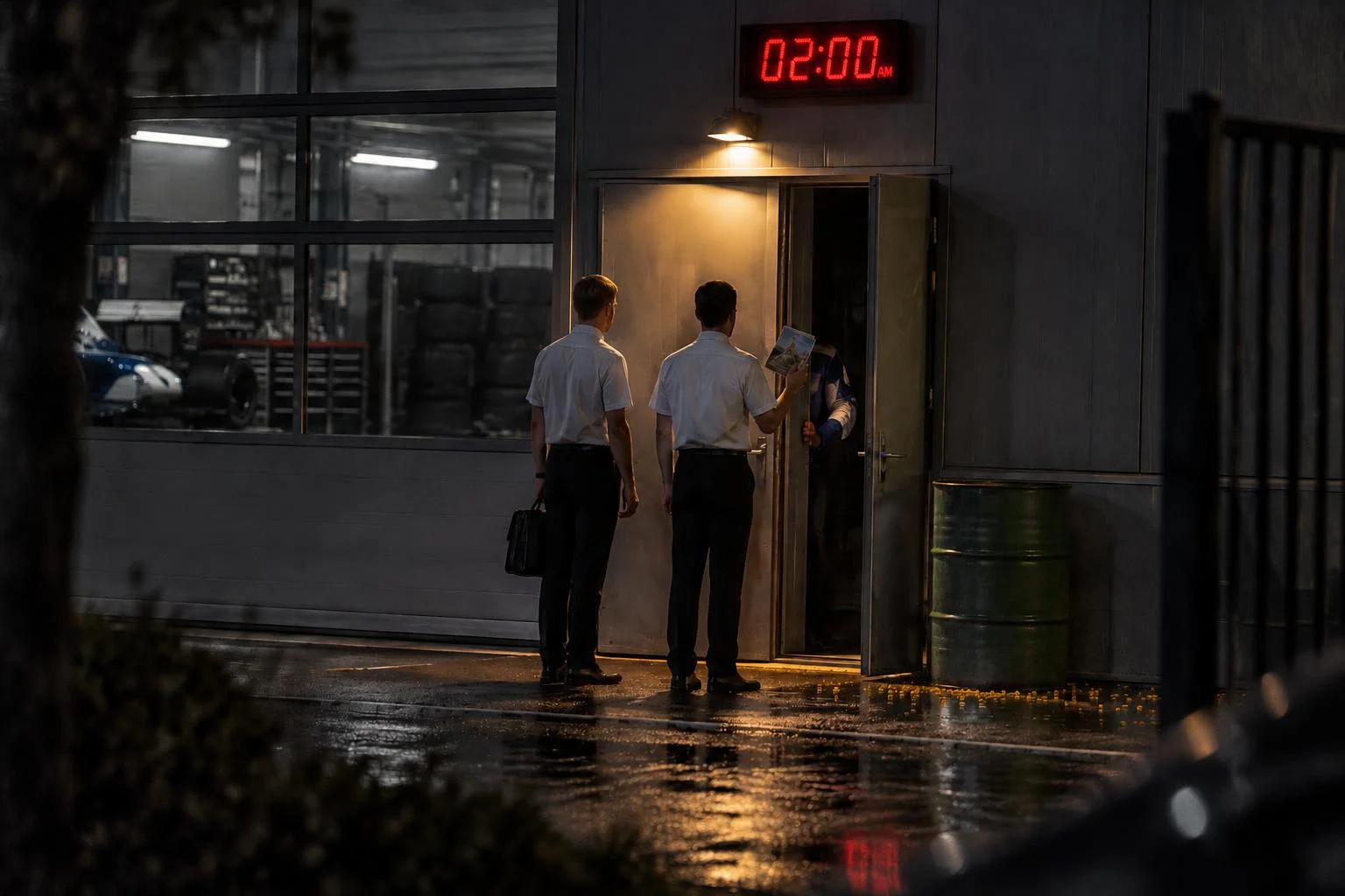À noite, numa rua molhada, dois homens de camisa branca de manga curta, de costas, um com uma pasta e o outro estendendo uma revistinha, diante da porta entreaberta de um galpão. Acima da porta, um relógio digital vermelho marca 02:00 AM. Pela fresta, só a manga de uma jaqueta azul e branca segurando a porta.